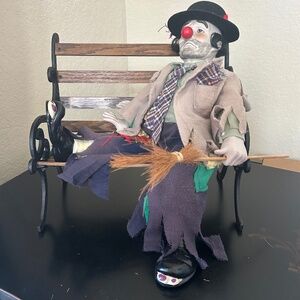 Vintage Clyde The Hobo Clown Doll From The Dynasty Doll Collection and Bench.